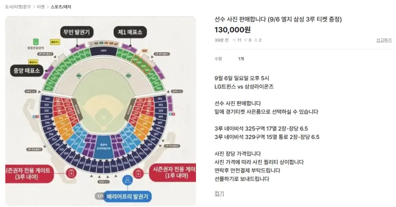선수 사진을 13만 원에 팔면서 야구 경기 티켓을 '증정품'으로 내건 게시글